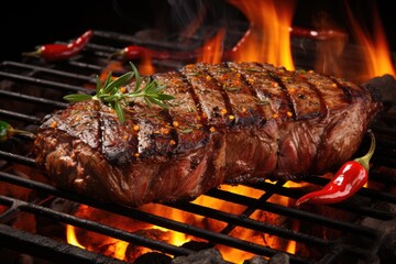  beef ribeye steak grilling on flaming grill