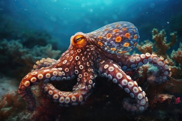 Fototapeta na wymiar Big octopus on the deep of the sea with corals. Generative AI