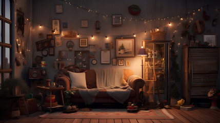 cozy room with comfortable couch and lights.
