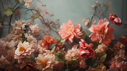 bouquet of peonies on a blue pastel background