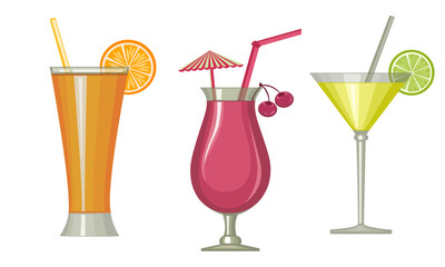 Summer cocktails, cherry, orange and lime fruit drinks in a cocktail glass, vector template, design elements.