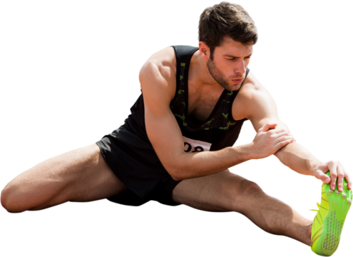 Digital png photo of caucasian sports man stretching on transparent background - Powered by Adobe