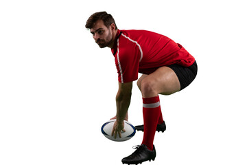 Digital png photo of caucasian male rugby player squatting on transparent background