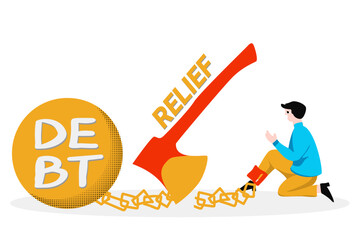 Get freedom after trapped by debt, credit, and bills. Financial problem business illustration concept. Businessman with legs chained to a giant yellow ball relief with giant axe.