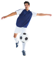 Digital png photo of caucasian male soccer player kicking ball on transparent background