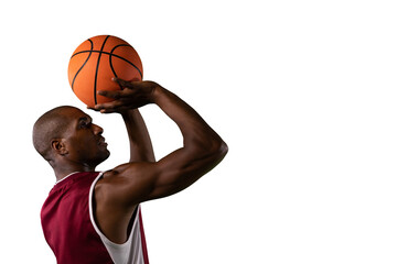 Digital png photo of african american male basketball player throwing ball on transparent background - Powered by Adobe