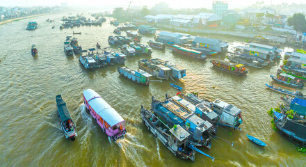 Cai Rang floating market, Can Tho, Vietnam, aerial view. Cai Rang is famous market in mekong delta, Vietnam. © huythoai