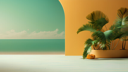 3 d illustration. tropical palm tree and beach with sun light. summer vacation background. travel, vacation and travel concept. 