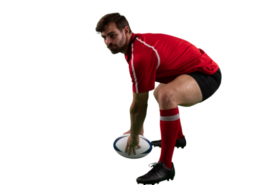 Digital png photo of caucasian male rugby player squatting on transparent background