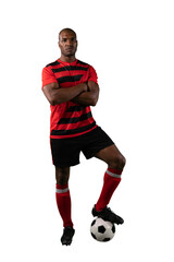 Digital png photo of african american male soccer player with football on transparent background © vectorfusionart
