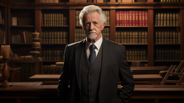Portrait of a senior businessman, lawyer, judge, rector in library, artistocrat, refined, respectful, portrait style