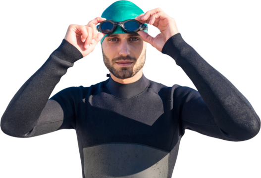 Digital png photo of caucasian male swimmer with goggles on transparent background