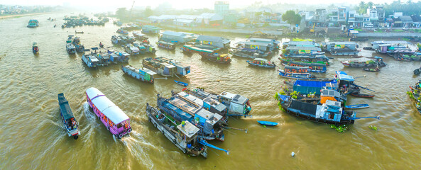 Cai Rang floating market, Can Tho, Vietnam, aerial view. Cai Rang is famous market in mekong delta,...
