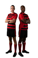 Digital png photo of diverse soccer players with arms crossed on transparent background