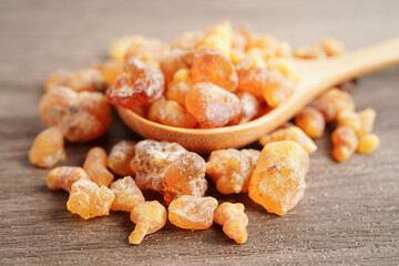 Frankincense or olibanum aromatic resin used in incense and perfumes.