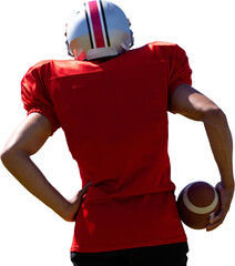 Digital png photo of biracial male american football player with ball on transparent background