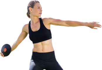 Digital png photo of caucasian sportswoman throwing disc on transparent background
