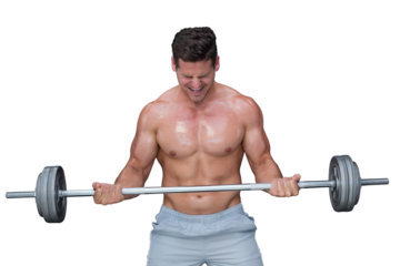 Digital png photo of caucasian muscular man lifting weight bar on transparent background