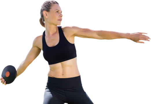 Digital png photo of caucasian sportswoman throwing disc on transparent background - Powered by Adobe