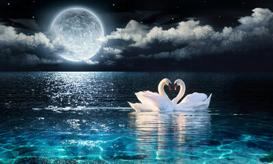 Illustration of night seascape with swans, moon, sea  and sky with clouds and stars.