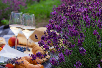 picnic in a lavender field, rest in nature, wine, fruit, berries.
