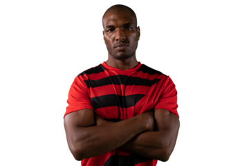 Digital png photo of african american footballer with folded hands on transparent background