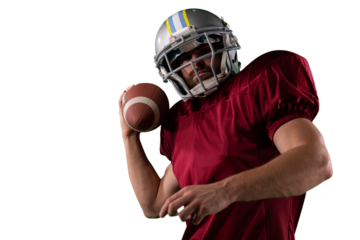 Digital png photo of caucasian rugby player holding ball on transparent background