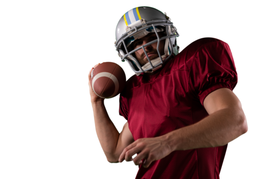 Digital png photo of caucasian rugby player holding ball on transparent background