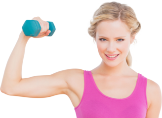 Digital png photo of caucasian woman in sport outfit lifting dumbbell on transparent background