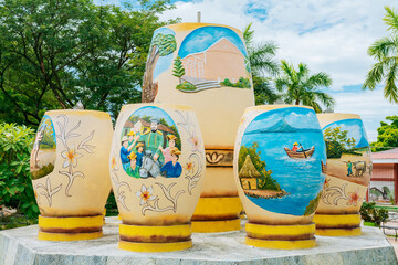 The gourds of the central park of Nagarote. Cultural gourds in a natural spring. Fountain the...