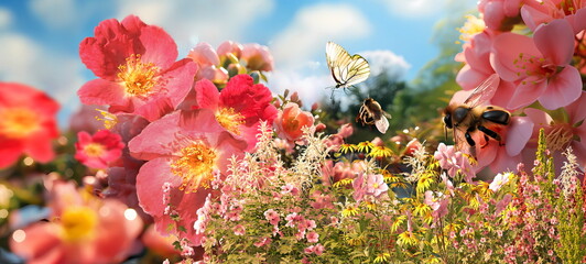 blooming wildflowers beautiful hip roses bush on beach blue sky bee on flowers but nature landscape
