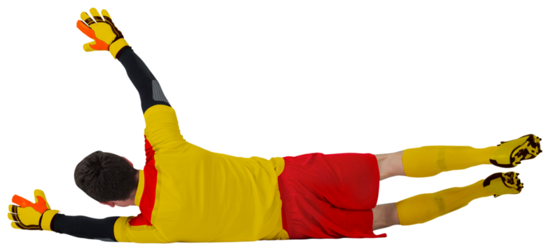 Digital png photo of caucasian male goalkeeper jumping on transparent background - Powered by Adobe