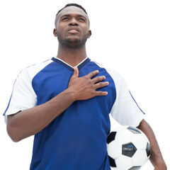 Digital png photo of african american male football player with football on transparent background