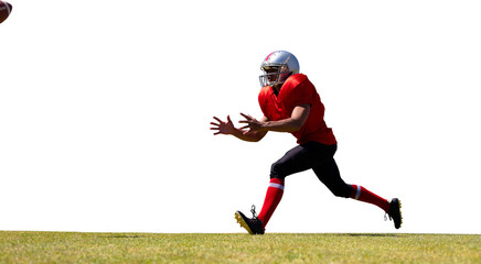 Digital png photo of biracial male american football player catching ball on transparent background