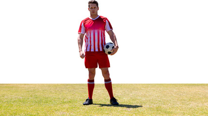 Digital png photo of caucasian male soccer player holding football on transparent background © vectorfusionart