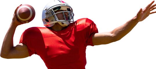 Digital png photo of caucasian male american football player throwing ball on transparent background © vectorfusionart