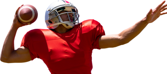 Digital png photo of caucasian male american football player throwing ball on transparent background