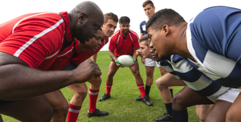 Digital png photo of diverse two groups of male rugby players on transparent background