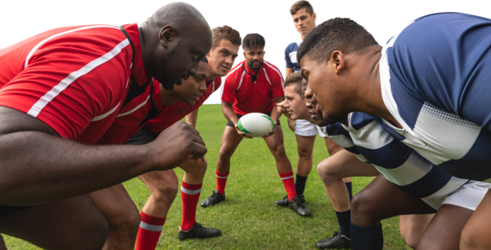 Digital png photo of diverse two groups of male rugby players on transparent background