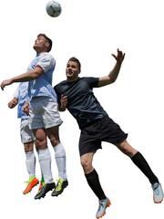 Digital png photo of caucasian male soccer players catching ball on transparent background