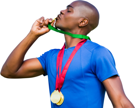 Digital png photo of biracial man kissing medal on transparent background - Powered by Adobe