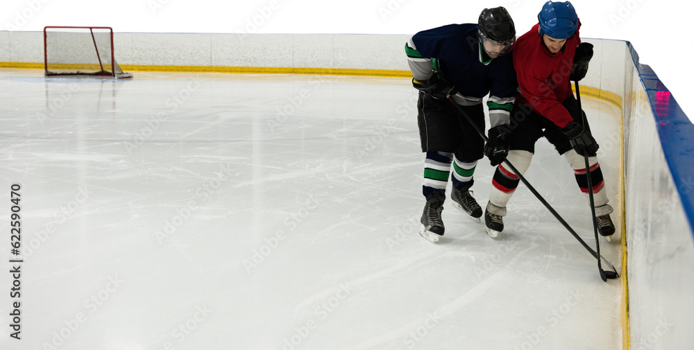 Wall mural Digital png photo of caucasian male hockey players at ice rink on transparent background