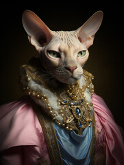 Funny Cat Royal Portrait of a Sphynx. Generative AI.