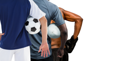 Digital png photo of diverse sports men with balls and boxing gloves on transparent background