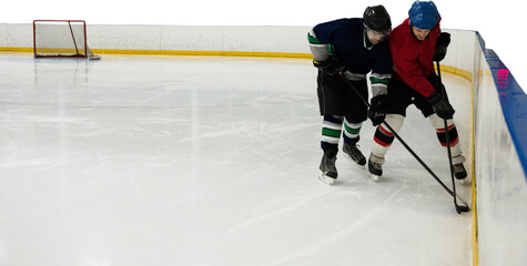 Obraz premium Digital png photo of caucasian male hockey players at ice rink on transparent background