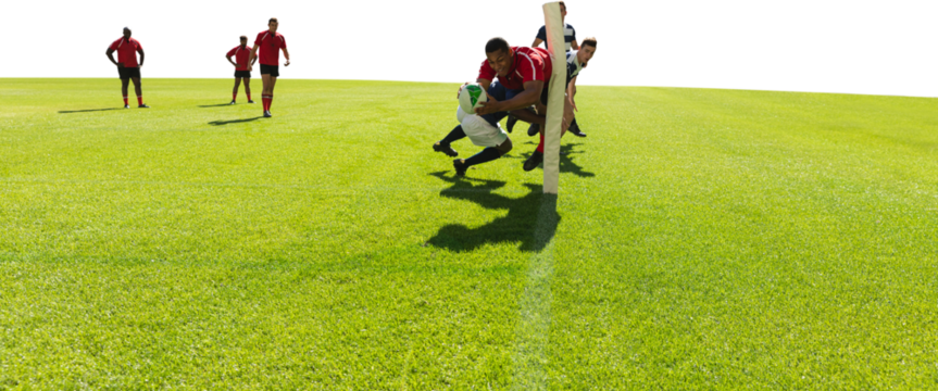 Digital png photo of diverse male rugby players playing at stadium on transparent background