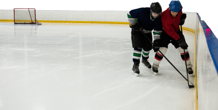 Digital png photo of caucasian male hockey players at ice rink on transparent background - Powered by Adobe