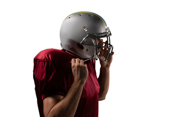 Digital png photo of caucasian male american football player with helmet on transparent background