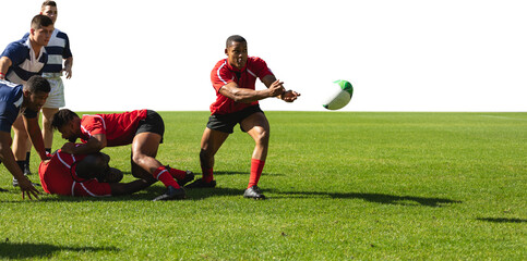 Naklejka premium Digital png photo of diverse male rugby players playing on transparent background