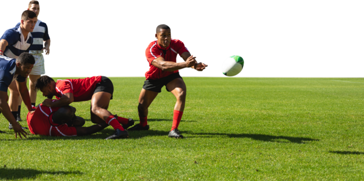 Digital png photo of diverse male rugby players playing on transparent background